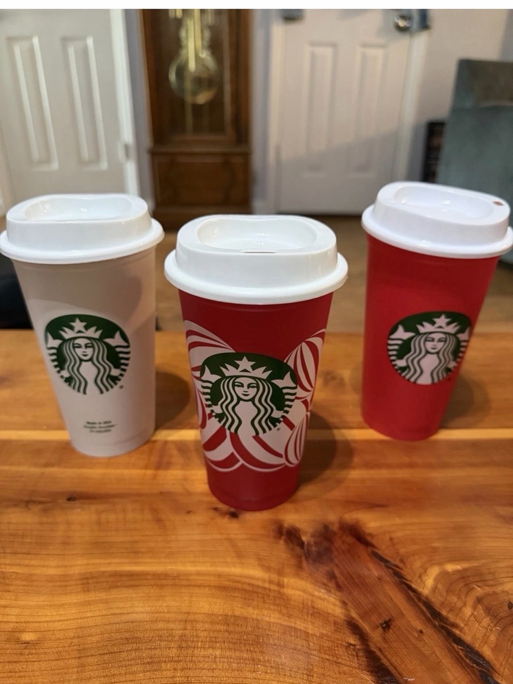 Starbucks Reusable Hot Cups Set of 3 - Red Holiday Ribbon & Classic White 16 oz